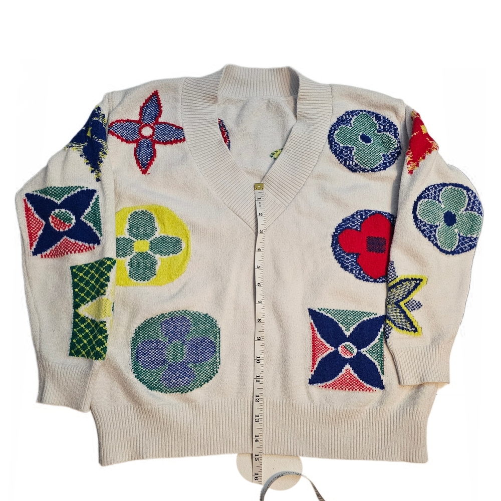 Multicolor Flower Patterned V-Neck Knit Sweater - image 6